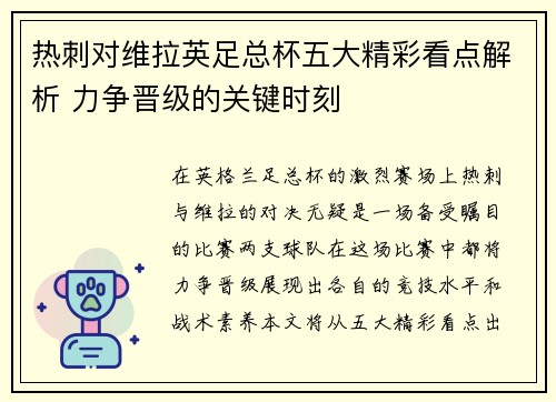 热刺对维拉英足总杯五大精彩看点解析 力争晋级的关键时刻